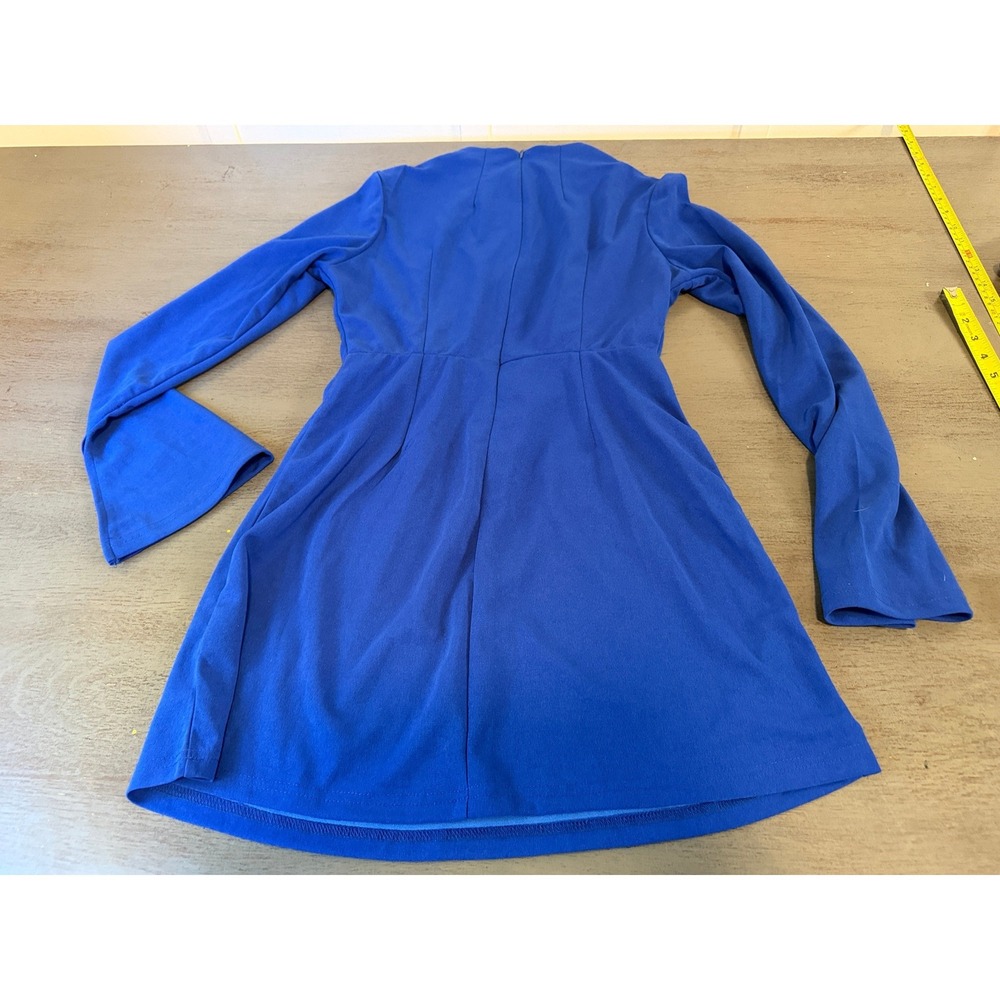 Unbranded Cobalt Blue Mock Neck Bell Sleeve Mini Dress Size M Retro Style - Picture 3 of 7